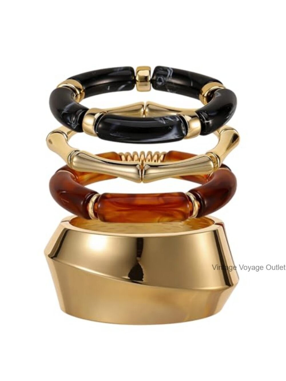 Chunky Acrylic Bangle Bracelet Set Gold Plated Bamboo Stackable Women